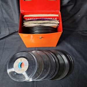 Lot of 55 Vintage 45 RPM Vinyl Records 60s 70s Rock Pop Country Orange Case
